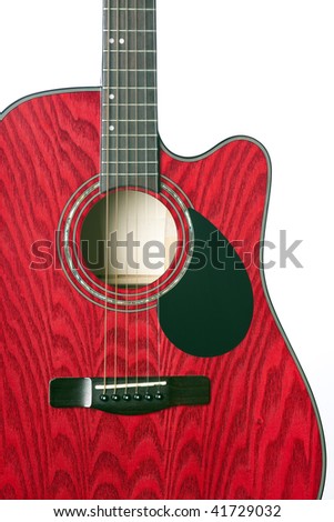 A red wood acoustic electric guitar isolated against a white background in the vertical format.