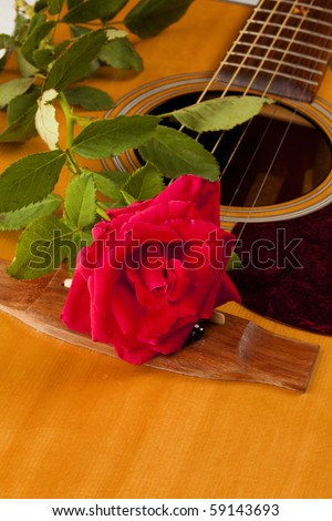 A red rose and stem on a natural color acoustic guitar in the vertical format.