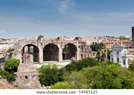 The Basilica of Maxentius and Constantine. The Roman Forum is located between the Palatine Hill and the Capitoline Hill of the city of Rome, Italy.
