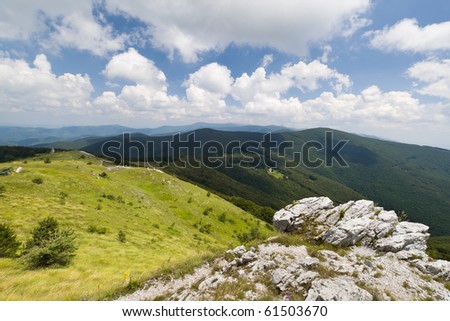 Shipka Pass is a scenic mountain pass through the Balkan Mountains in Bulgaria. The pass is part of the Bulgarka Nature Park. View from Shipka.