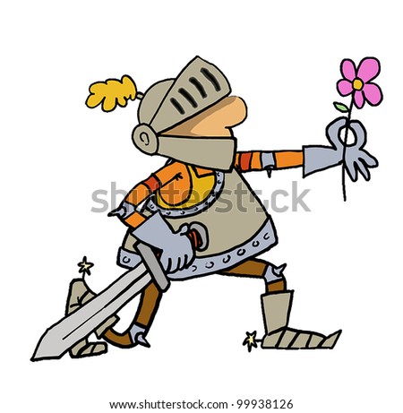 A Knight in armor on his knee, holding the flower is in love