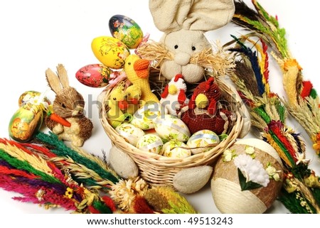 Easter eggs, bunny and chickens in the Easter basket