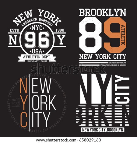 New York, Brooklyn typography for t-shirt print. Sports, athletic t-shirt graphics set. Badge collection. Vector