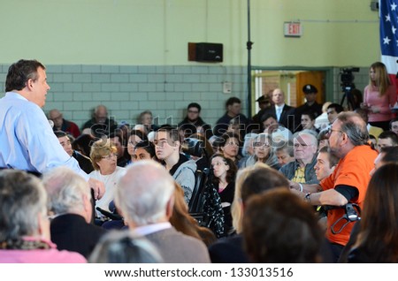 MIDDLESEX BOROUGH,NJ-MARCH 26:New Jersey Governor Chris Christie continued his 104th town hall meeting held at Our Lady of Mount Virgin Parish Center located in Middlesex Borough,NJ,on March 26,2013.