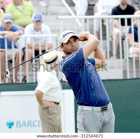 EDISON,NJ-AUGUST 30:Jason Day takes a practice swing while on the 1st Tee during the final round of the Barclays Tournament held at the Plainfield Country Club in Edison,NJ,August 30,2015.