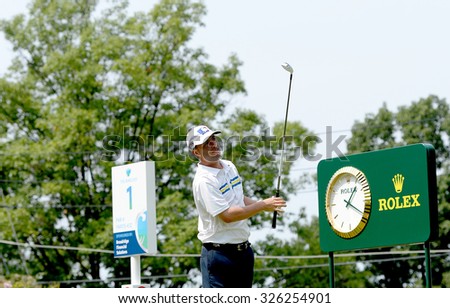 EDISON,NJ-AUGUST 30:Spencer Levin watches his shot from the 1st Tee during the final round of the Barclays Tournament held at the Plainfield Country Club in Edison,NJ,August 30,2015.
