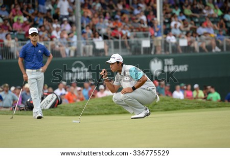 EDISON,NJ-AUGUST 30:Hideki Matsuyama lines up his putt on the 18th hole during the final round of the Barclays Tournament held at the Plainfield Country Club in Edison,NJ,August 30,2015.