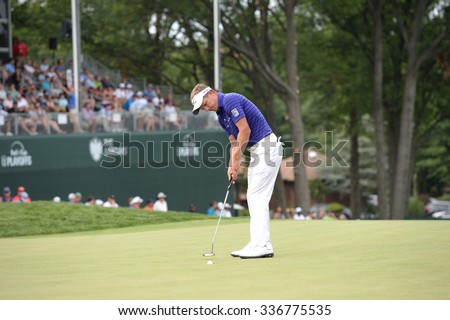 EDISON,NJ-AUGUST 30:Luke Donald watches his putt on the 18th hole during the final round of the Barclays Tournament held at the Plainfield Country Club in Edison,NJ,August 30,2015.