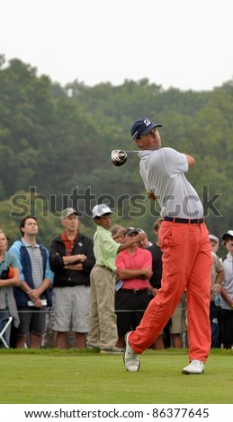 EDISON,NJ-AUGUST 27: Golfer Matt Kuchar watches his shot during the final round of the Barclays Tournament held at the Plainfield Country Club on August 27,2011 in Edison,NJ.