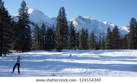 View of cross country ski trail, with a winter mountain background.