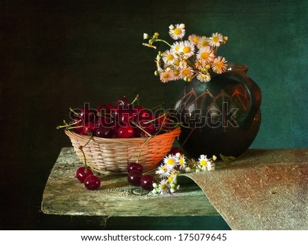 Still Life with wild flowers end cherries