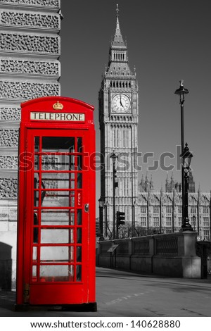 Westminster Phone Box In Color With The Palace Of Westminster In Black And White In The Background.