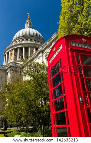 Image of St Paul\'s Cathedral, London, England with a red phone box in the foreground