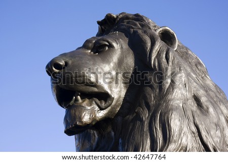 Close up of a bronze lion head at Trafalgar Square, London, England