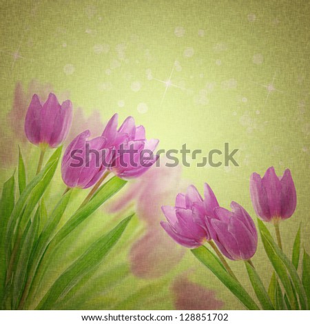 Tulip flowers on the fiber brown grunge  textured background with bokeh
