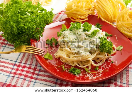 Pasta with sauce and parsley on the red dish