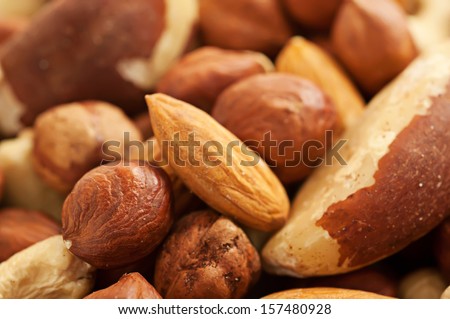 Background from various kinds of nuts (almond, hazelnut, cashew, Brazil nut)
