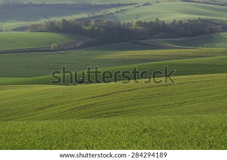 Rural landscape with fields, waves and wooden hunting shack