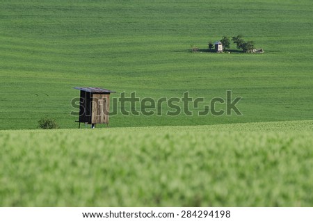 Rural landscape with green grass field and wooden hunting shack , South Moravia, Czech Republic