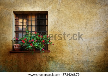 Window at the Pienza city wall, Italy, Tuscany. Romantic travel grunge floral background.