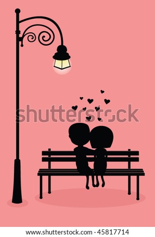 stock vector : silhouette of boy and girl hugging under the light of 