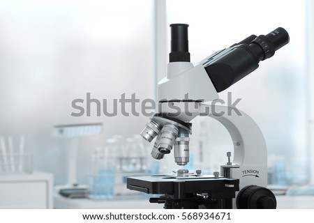 Laboratory lens of Microscope Isolated blue scientific research background
