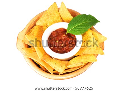 stock photo : nachos with salsa isolated on white