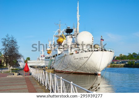 KALININGRAD, RUSSIA - MAY 21, 2015: Cosmonaut Viktor Patsaev - research vessel in the embankment of the World ocean museum