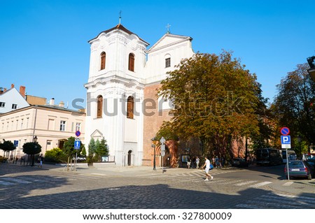 POZNAN, POLAND - AUGUST 20, 2015: Church of the sacred Heart of Jesus and Mother of God of Consolation and the convent of the Jesuits