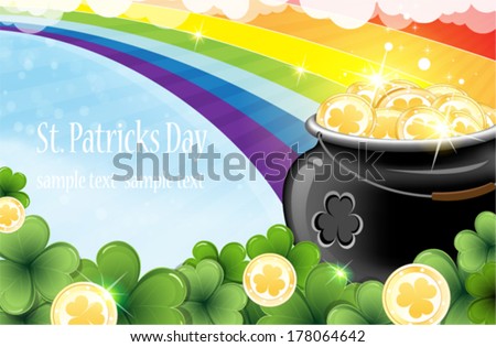 Rainbow And Pot With Gold Coins On Abstract Spring Background. St. Patrick\'S Day Abstract Background