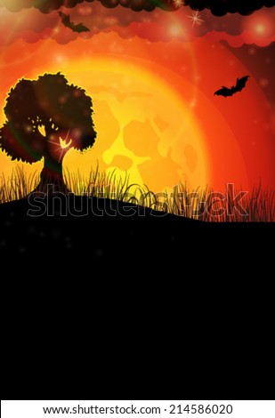 Tree and bats on the moon background. Abstract Halloween landscape.