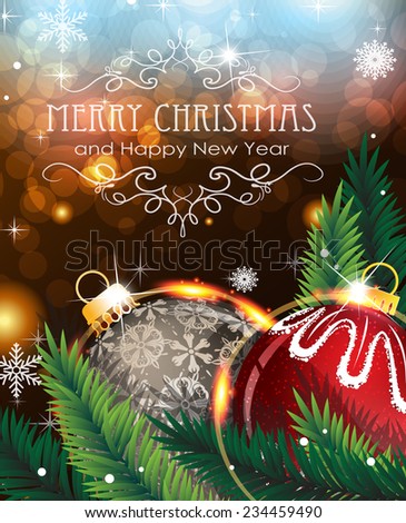 Abstract holiday background with sparkles, Christmas balls and fir branches