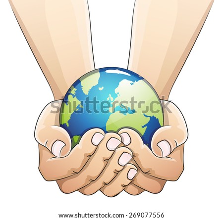 Hands holding the earth globe on white background. Saving the earth concept.  Earth Day illustration.