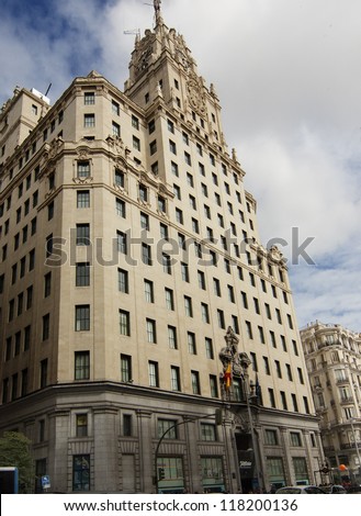 Gran Via of madrid with the famous building of telephone