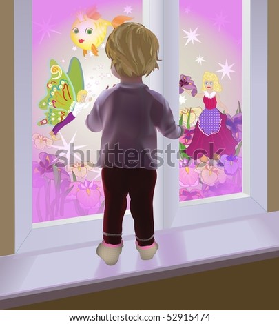 A baby watching fairies through the window