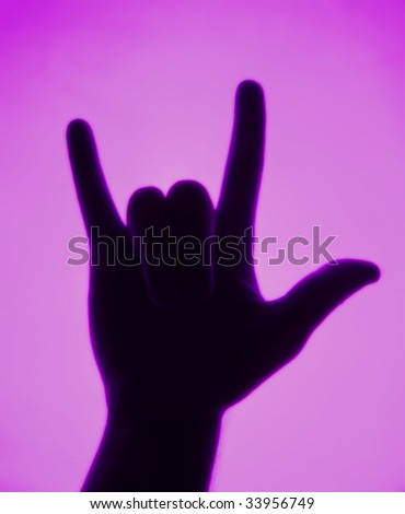 Purple back-lit hand signaling \'what\'s up\'