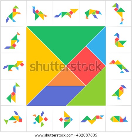 Tangram set, cut and play. Square, animals, birds, fish. Collection of printable tangram solution cards. Traditional Chinese puzzle tangram, learning game for kids, children, geometric shapes. Vector