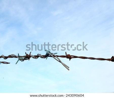 Old and new barbed wire fence twisted together and repaired, symbolism for strength, or the fight will go on.