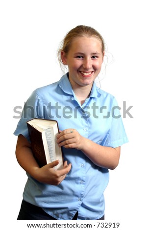 stock photo Young school girl with her bible
