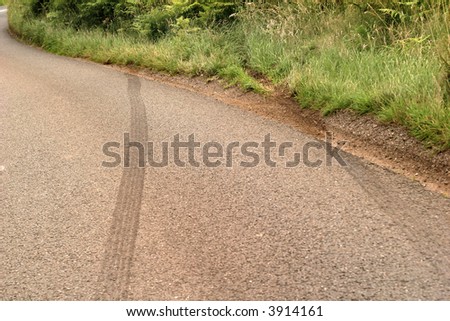 car crash skid marks on a rural road heading into the undergrowth