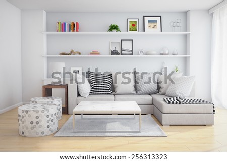 3D Rendering of interior of a living room with shelves and sofa with pillows.