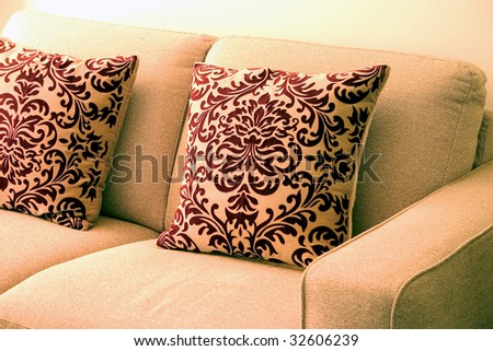 Sofa with two luxurious pillows with red floral background.