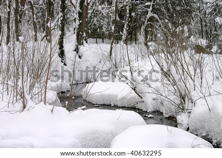 Winter landscape with fresh white snow, and water stream.