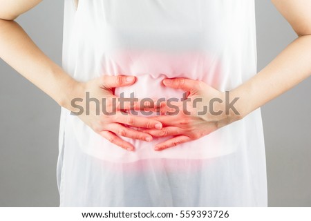Stomach pain / Food poisoning and dyspepsia / Negative human emotion expression reaction health issues problems on a white background