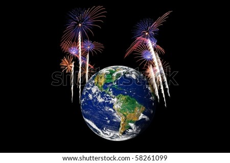 Celebrating the earth. A composite of fireworks and earth. Earth image courtesy of NASA