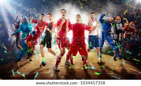 successful football, soccer, basketball, baseball, tennis players, cars, boxing fighters on professional 3D basketball court arena in lights with confetti, serpantine and smoke. collage, multi ,sport