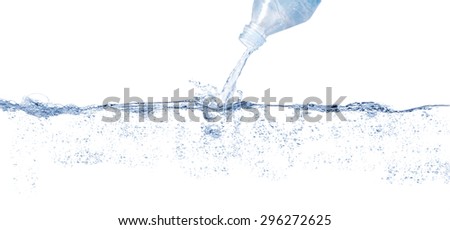 Long water line. Water surface and a bottle pouring water against white background