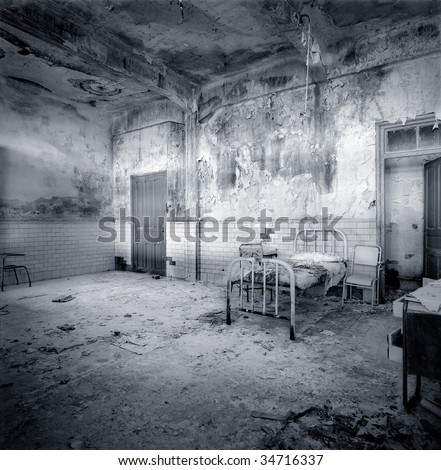 Decrepit and aged hospital room. Beginning of XX century. Border between France and Spain