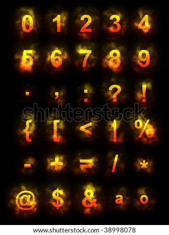 Numbers of the Latin alphabet, with texture gradient (red, orange and yellow) and smoke effect.