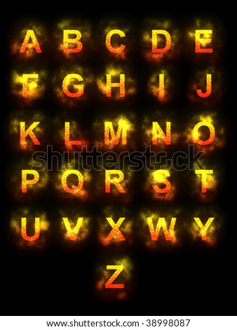 Letters of the Latin alphabet, with texture gradient (red, orange and yellow) and smoke effect.